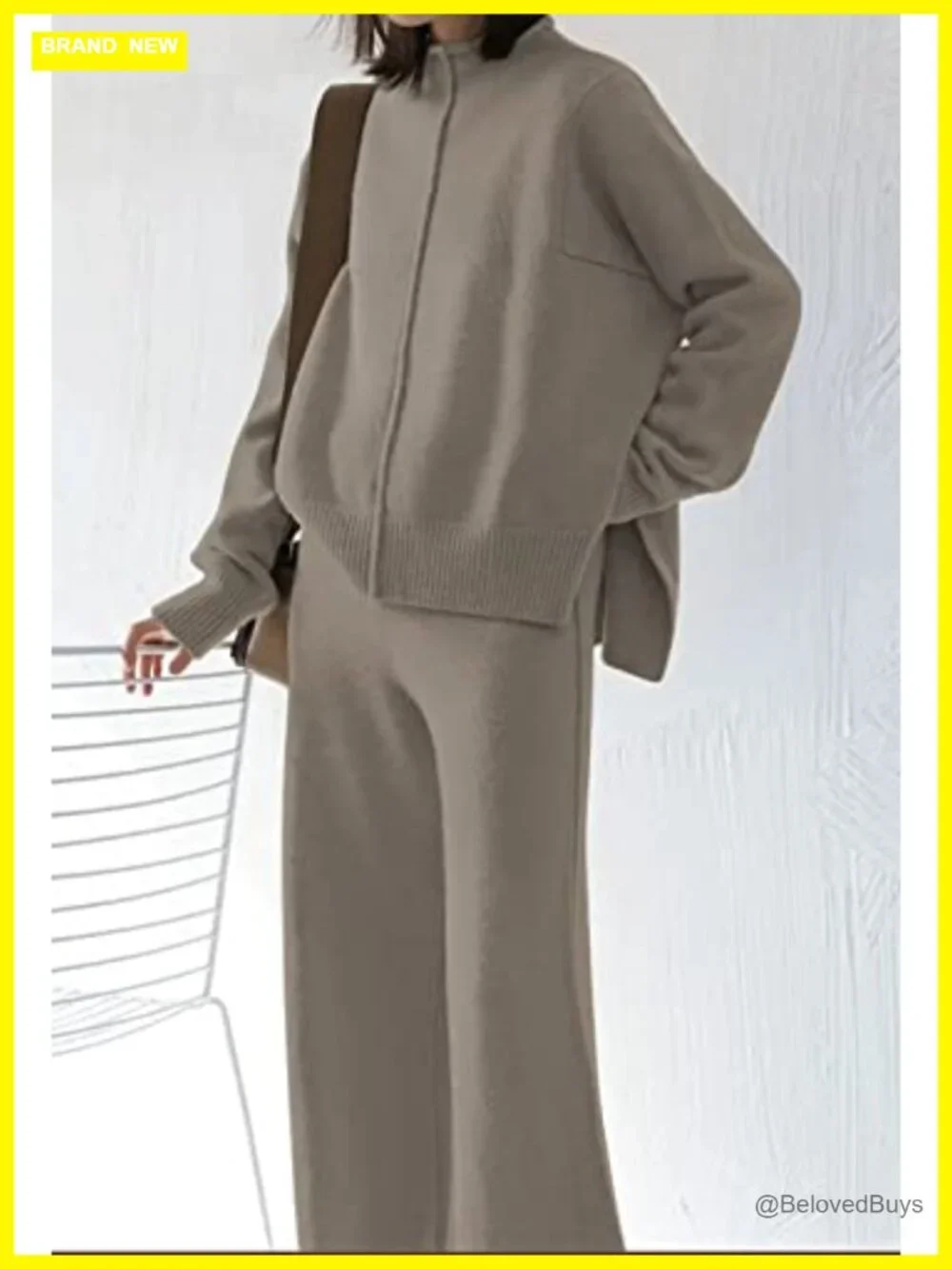 2 Piece Sweater Set High Neck Top Wide Leg Pants Loungewear - Picture 4 of 7